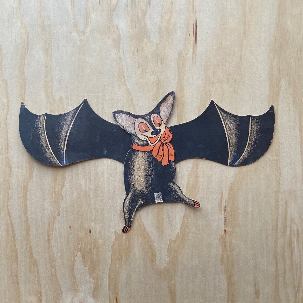 Vintage Halloween Wall Decor Bat w/ Bow and Movable Wings m/ in U.S.A Beistle